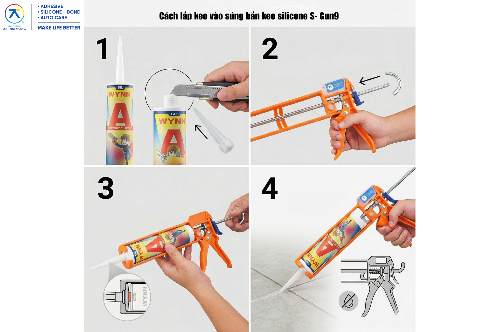 Hướng dẫn lắp keo vào súng bắn keo silicone S-GUN 9 gồm 4 bước: cắt đầu tuýp, kéo thanh đẩy, lắp keo và bóp cò sử dụng.