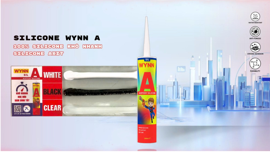 Silicone WYNN A 100% silicone axit khô nhanh với các màu trắng, đen và trong suốt.