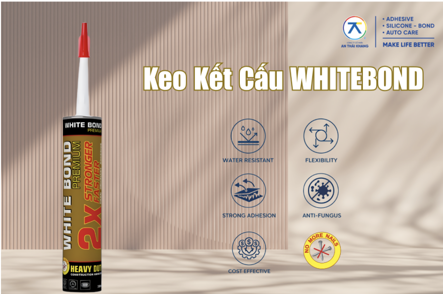 Whitebond structural adhesive from An Thai Khang is an exterior nail-free adhesive with high bonding strength, used for signboard installation and bonding materials such as metal, PVC plastic, wood, and concrete.