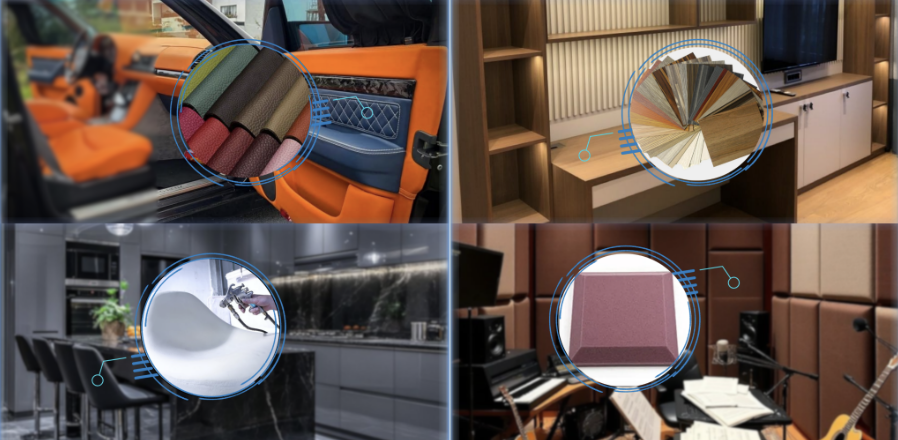 Ứng dụng keo phun SB65 trong sản xuất sofa, veneer và vật liệu nội thất.