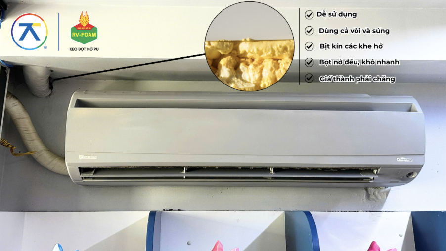 Ứng dụng keo bọt nở RV Foam của An Thái Khang trám khe máy lạnh với khả năng bám dính cao, cách âm và cách nhiệt hiệu quả.