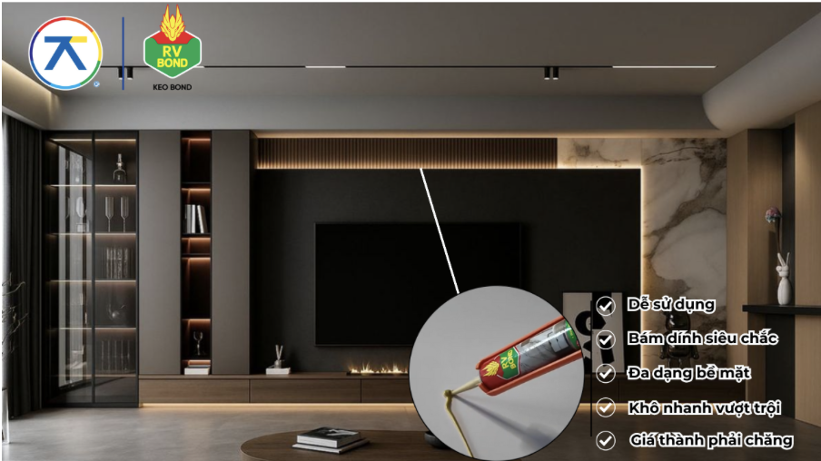 Keo dán đồ vật lên tường dạng keo thế đinh, thi công trong không gian nội thất hiện đại, bám dính siêu chắc trên nhiều bề mặt.