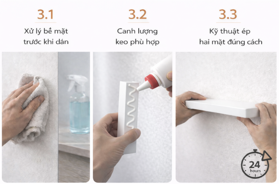 Hình hướng dẫn 3 bước thi công keo dán lên tường: làm sạch bề mặt, bôi keo đúng lượng và ép cố định đúng cách để đảm bảo độ bám chắc.