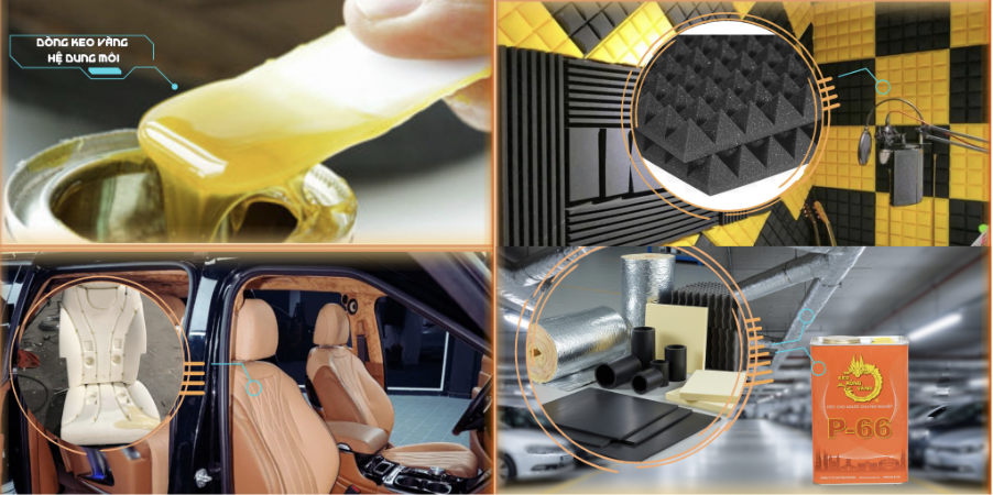 Ứng dụng keo Rồng Vàng P-66 dán da, gỗ veneer, nội thất ô tô và vật liệu cách âm.