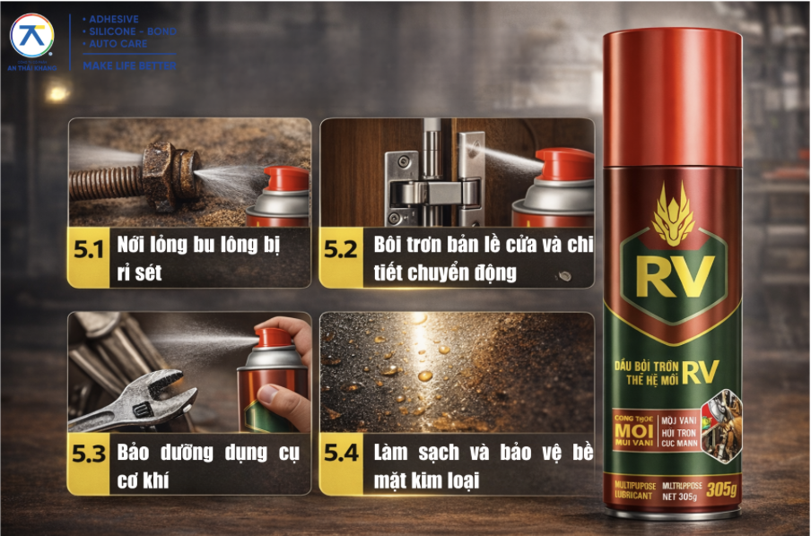 Mẹo sử dụng dầu xịt bôi trơn RV hiệu quả: nới lỏng bu lông rỉ sét, bôi trơn bản lề cửa, bảo dưỡng dụng cụ cơ khí và bảo vệ bề mặt kim loại.