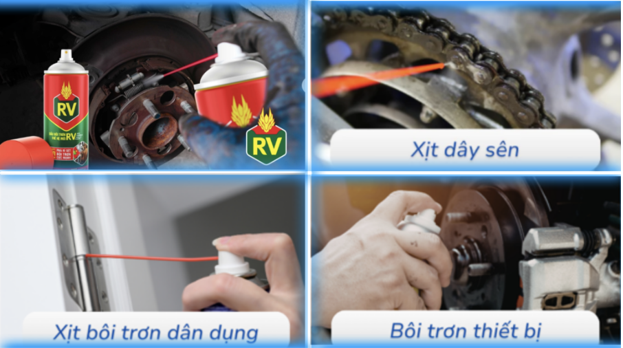 Ứng dụng của dầu xịt bôi trơn phá rỉ RV trong bảo dưỡng động cơ, bôi trơn dây sên, bản lề cửa và thiết bị cơ khí.