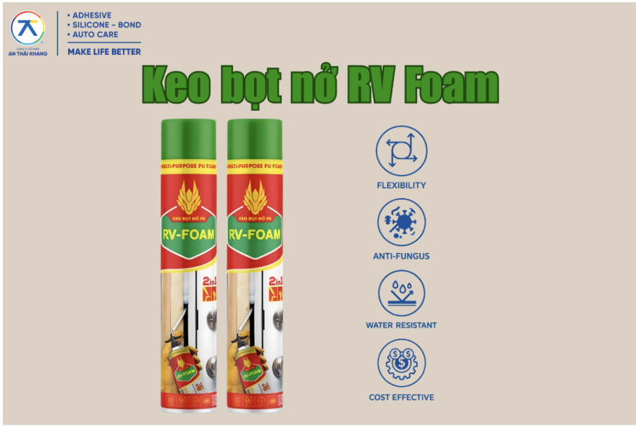 Keo bọt nở RV Foam dùng trám khe hở, có độ nở nhanh, chống nước và bám dính tốt trong thi công xây dựng.