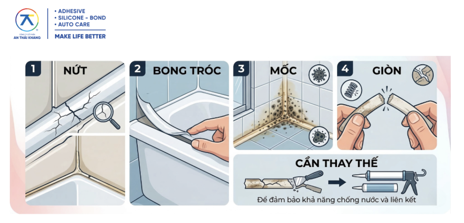 Keo silicone bắt đầu hỏng khi xuất hiện các dấu hiệu như nứt, bong tróc, mốc hoặc mất độ đàn hồi.