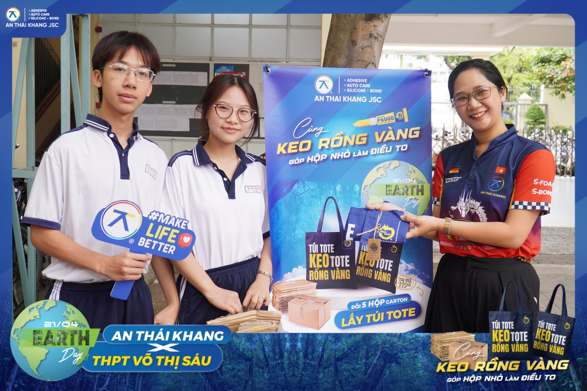 Hình ảnh học sinh THPT Võ Thị Sáu tham gia chiến dịch “Góp hộp nhỏ, làm điều to”, lan tỏa ý nghĩa Ngày Trái Đất và tinh thần sống xanh.