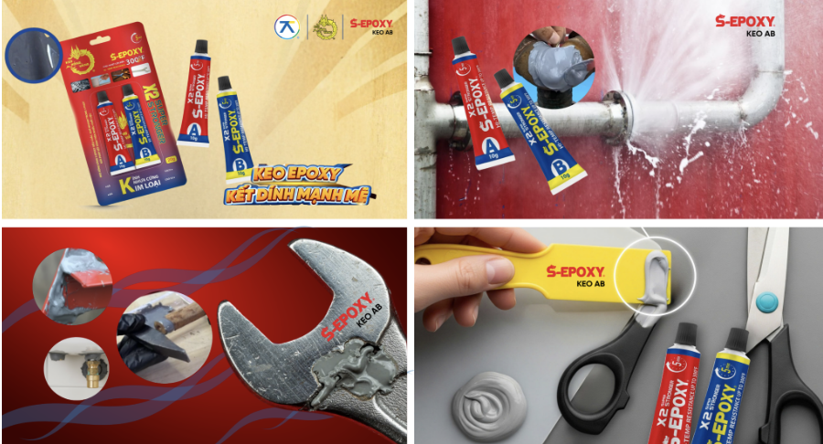 Công dụng của Keo 2 Thành Phần S-EPOXY trong dán kim loại, trám vá đường ống, sửa chữa dụng cụ cơ khí và phục hồi vật dụng hằng ngày.