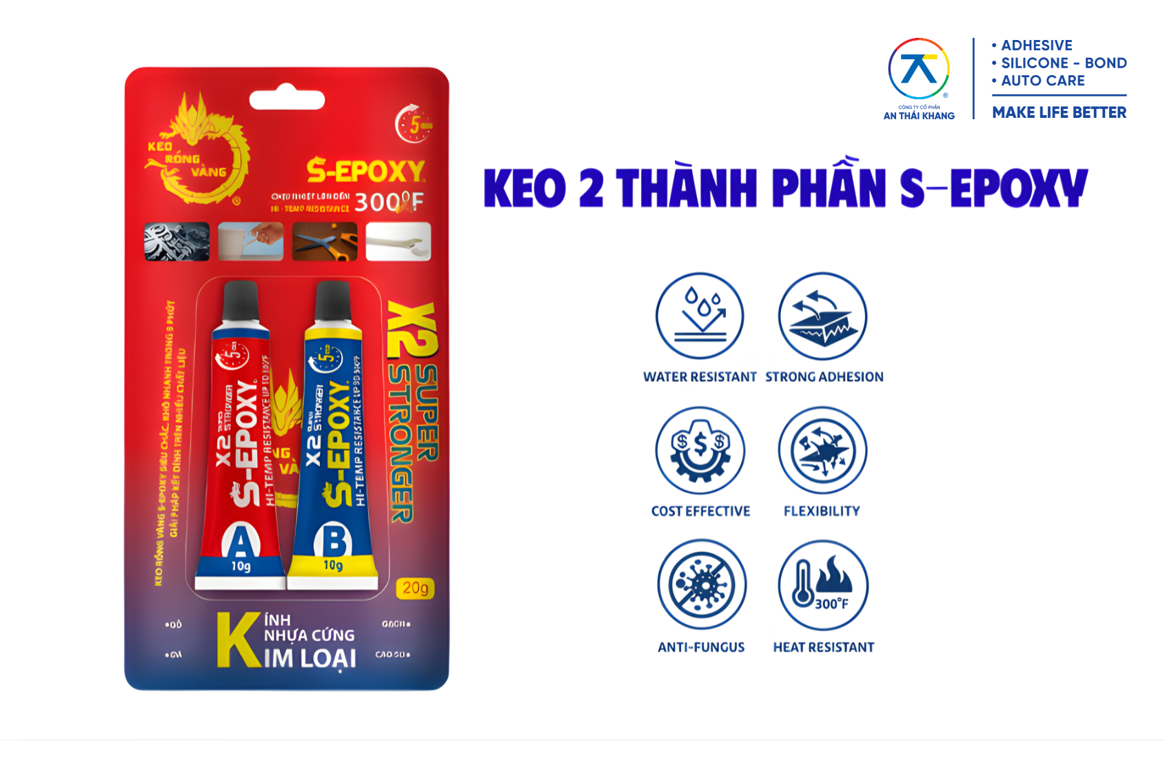 Sản phẩm keo 2 Thành Phần S-Epoxy của An Thái Khang có khả năng kết dính mạnh, chịu lực cao và dùng cho nhiều vật liệu trong sửa chữa cơ khí và dân dụng.