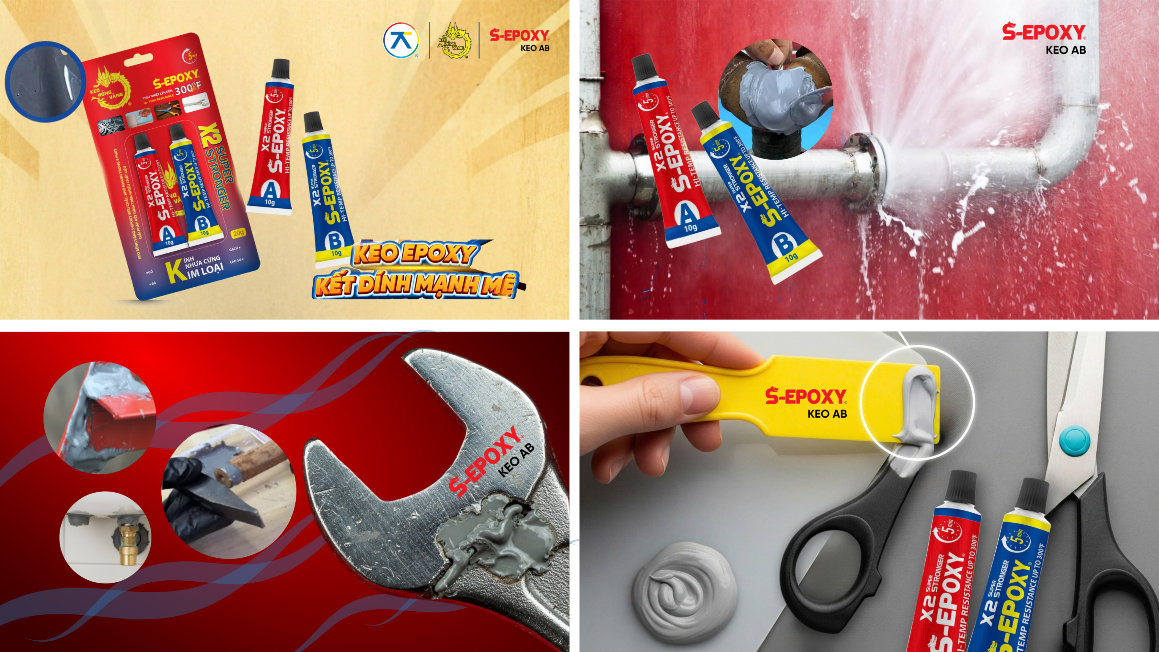 Keo AB 2 thành phần S-Epoxy của An Thái Khang dùng để dán kim loại, sửa chữa cơ khí, trám kín đường ống nước và phục hồi linh kiện nhờ khả năng kết dính mạnh và chịu lực cao.