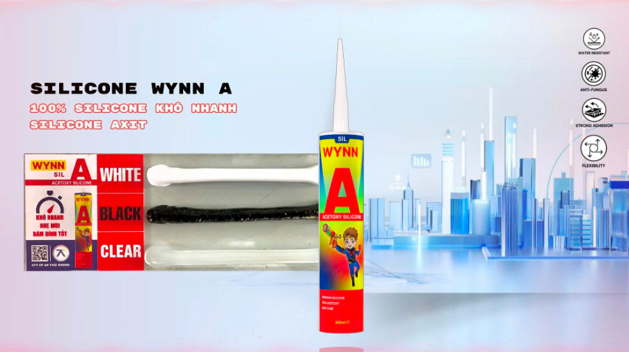 Silicone WYNN A 100% silicone axit khô nhanh với các màu trắng, đen và trong suốt.